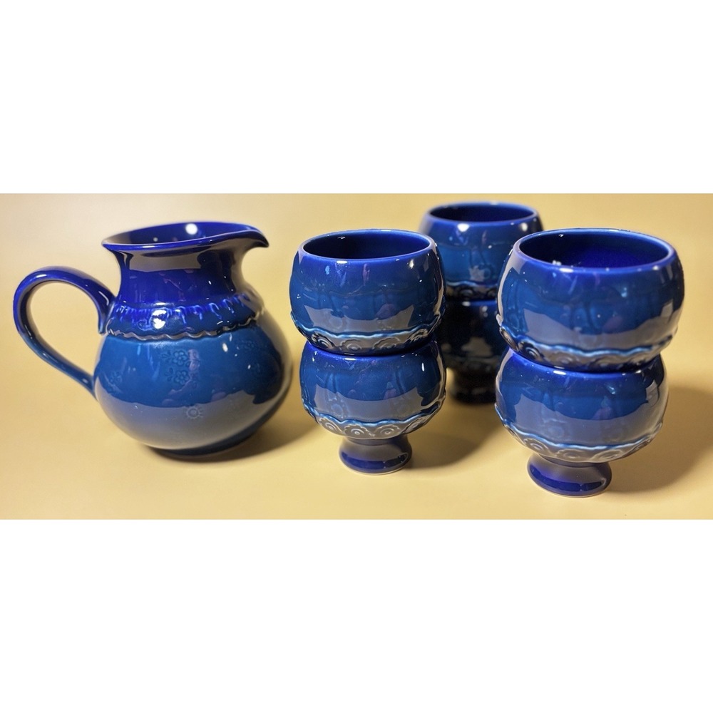 Rosenthal Studio-Linie Germany Cobalt Blue Pitcher and 6 Footed Cups Set Vtg